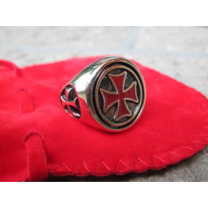 Anello Oro Croce Templare Rossa