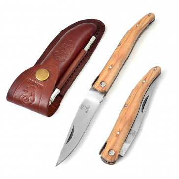  Laguiole guillochè manico ulivo + affilatore e fodero cuoio lama cm. 10 (R70113)