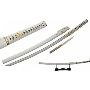 Katana in acciaio al carbonio Tomoe  + pugnale fodero e supporto espositivo